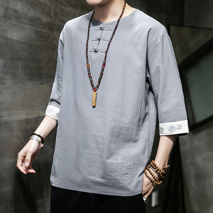 Chemise à manches trois-quarts en coton et lin pour homme, costume chinois Tang avec broderie de dragon et de grenouille , Buddha Stones - image 17