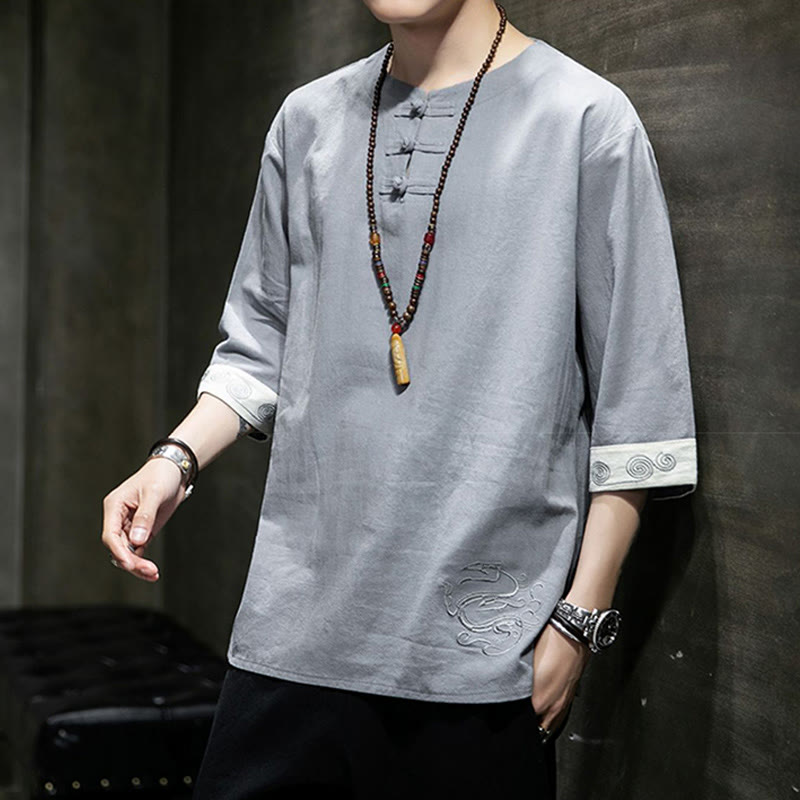 Chemise à manches trois-quarts en coton et lin pour homme, costume chinois Tang avec broderie de dragon et de grenouille , Buddha Stones - image 16