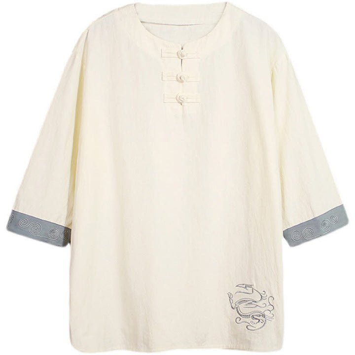 Chemise à manches trois-quarts en coton et lin pour homme, costume chinois Tang avec broderie de dragon et de grenouille , Buddha Stones - image 11