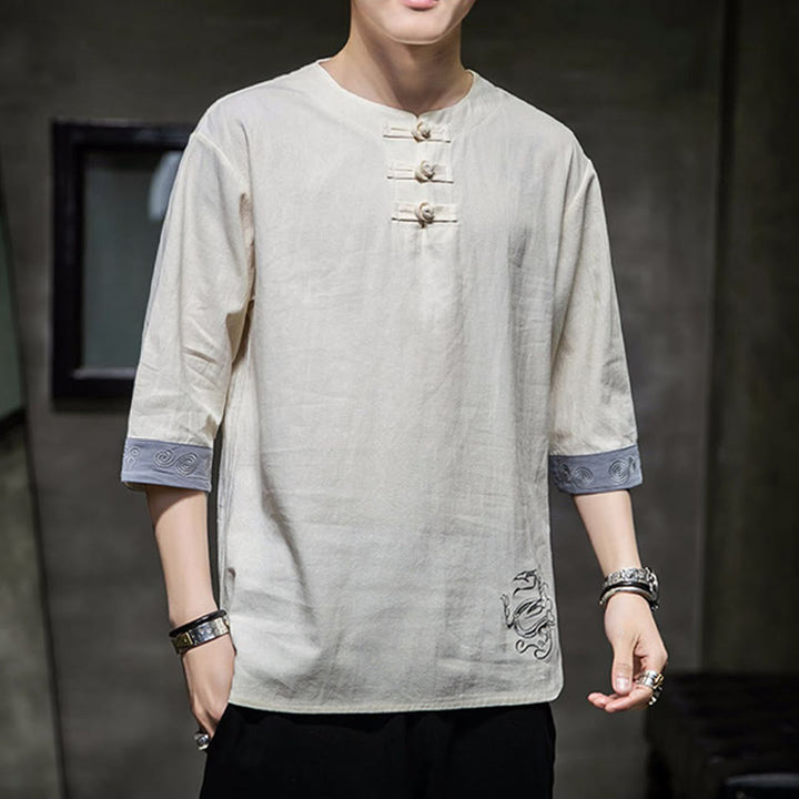 Chemise à manches trois-quarts en coton et lin pour homme, costume chinois Tang avec broderie de dragon et de grenouille , Buddha Stones - image 8