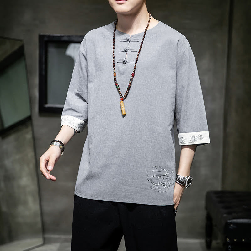 Chemise à manches trois-quarts en coton et lin pour homme, costume chinois Tang avec broderie de dragon et de grenouille , Buddha Stones - image 18