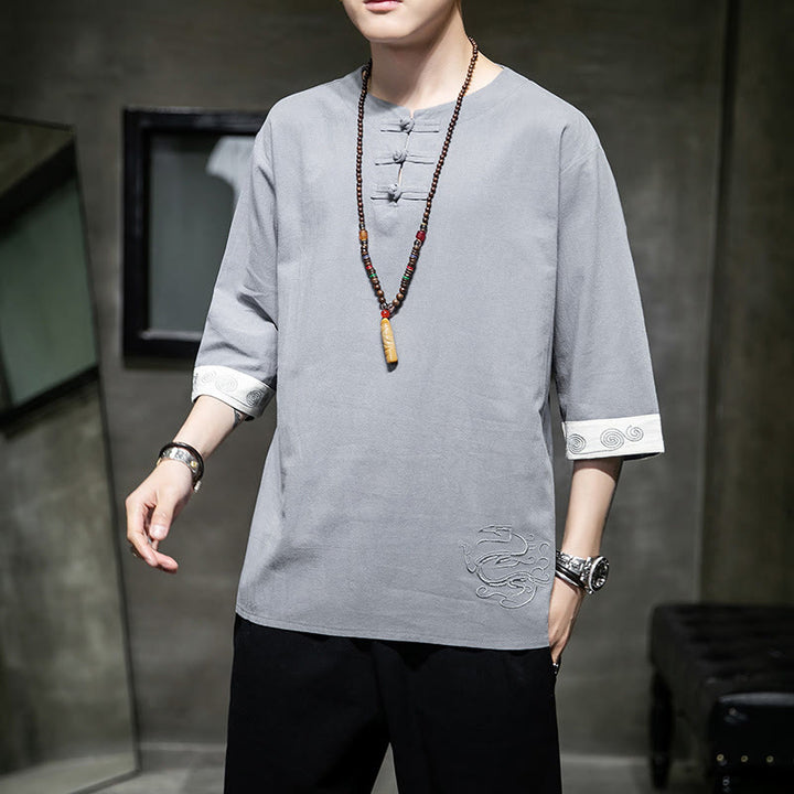 Chemise à manches trois-quarts en coton et lin pour homme, costume chinois Tang avec broderie de dragon et de grenouille , Buddha Stones - image 18