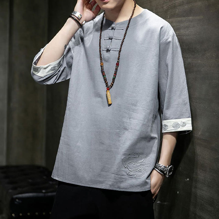 Chemise à manches trois-quarts en coton et lin pour homme, costume chinois Tang avec broderie de dragon et de grenouille , Buddha Stones - image 19