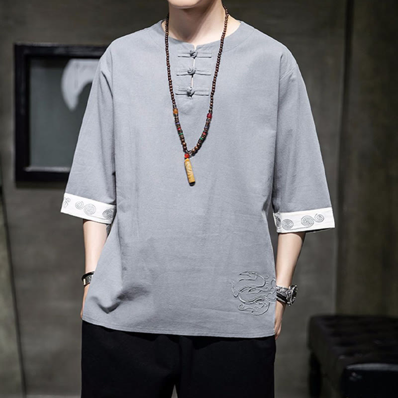 Chemise à manches trois-quarts en coton et lin pour homme, costume chinois Tang avec broderie de dragon et de grenouille , Buddha Stones - Gris clair - US/UK/AU46，EU56 (5XL)  - image 12