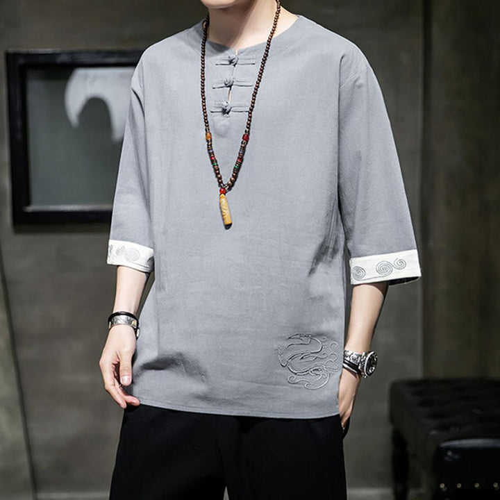 Chemise à manches trois-quarts en coton et lin pour homme, costume chinois Tang avec broderie de dragon et de grenouille , Buddha Stones - image 13