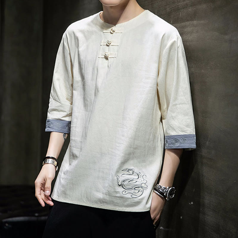 Chemise à manches trois-quarts en coton et lin pour homme, costume chinois Tang avec broderie de dragon et de grenouille , Buddha Stones - image 4