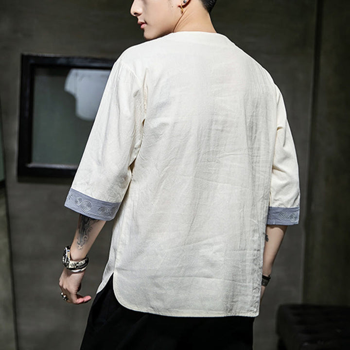 Chemise à manches trois-quarts en coton et lin pour homme, costume chinois Tang avec broderie de dragon et de grenouille , Buddha Stones - image 2