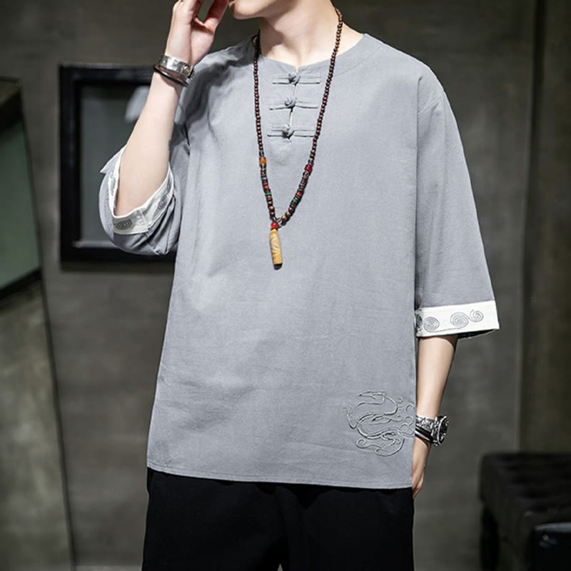 Chemise à manches trois-quarts en coton et lin pour homme, costume chinois Tang avec broderie de dragon et de grenouille , Buddha Stones - image 15