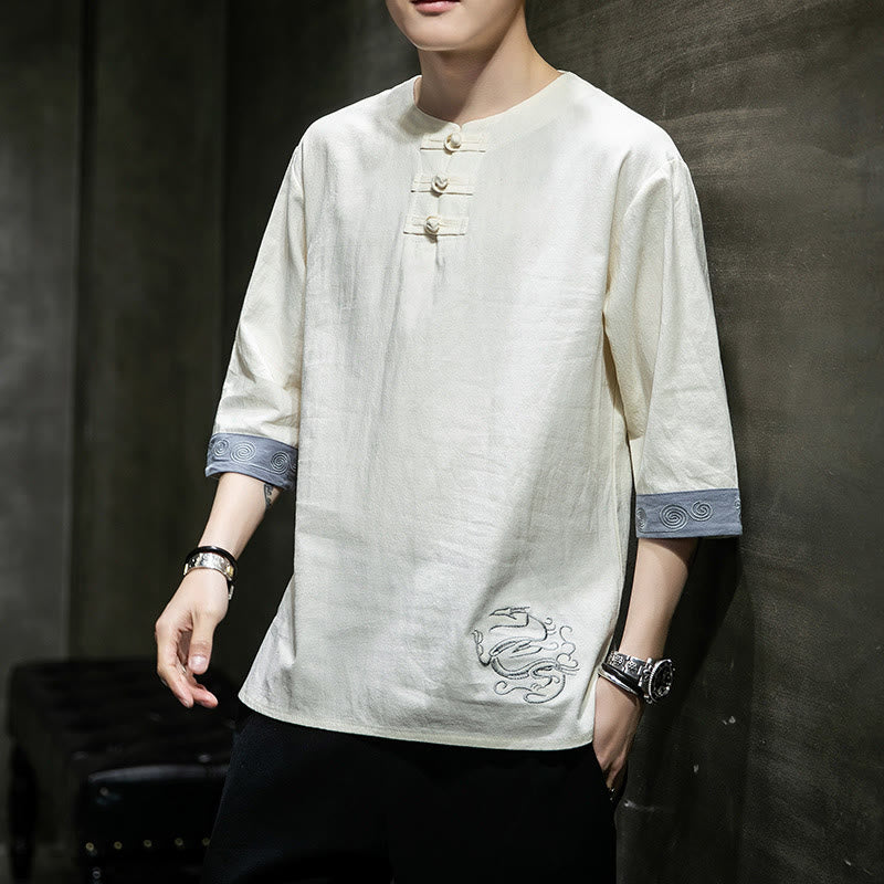 Chemise à manches trois-quarts en coton et lin pour homme, costume chinois Tang avec broderie de dragon et de grenouille , Buddha Stones - Neige - US/UK/AU46，EU56 (5XL)  - image 0