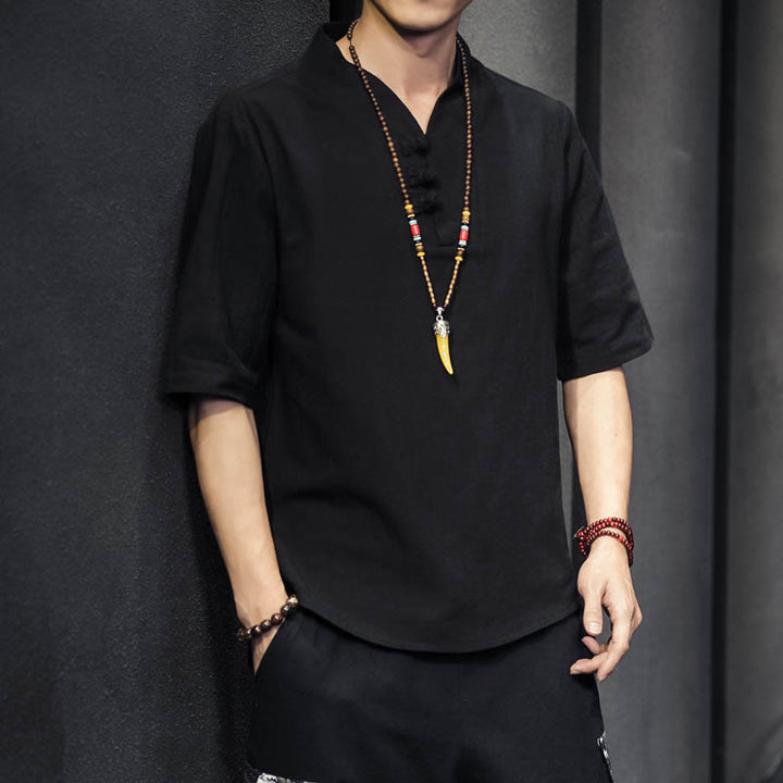 Chemise d'été décontractée à manches mi-longues en coton avec Buddha Stones pour homme - Noir - US/UK/AU46，EU56 (5XL) - image 8