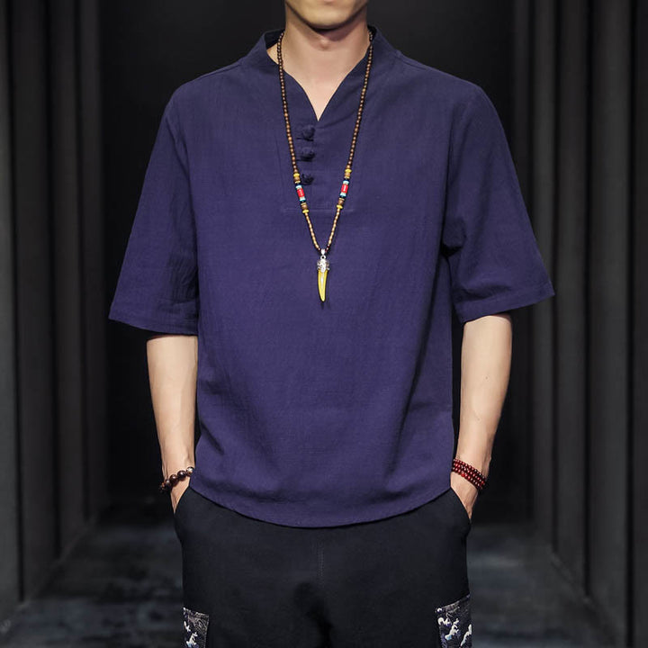 Chemise décontractée à manches mi-longues en coton et lin pour homme avec Buddha Stones