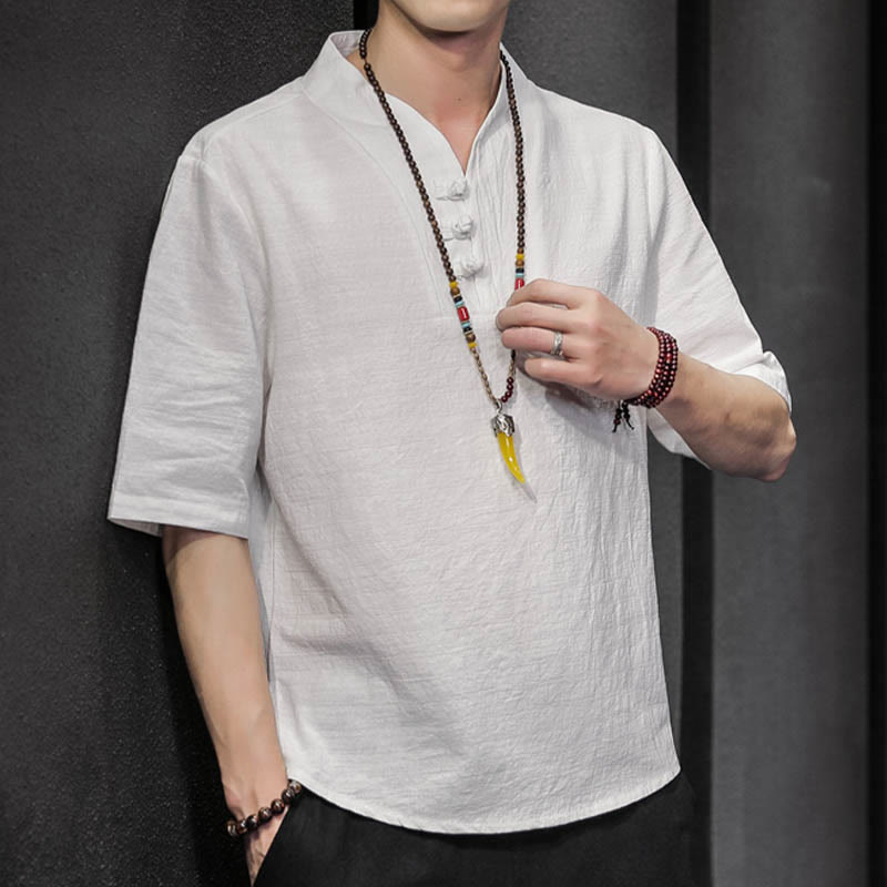 Chemise d'été décontractée à manches mi-longues en coton avec Buddha Stones pour homme - image 6