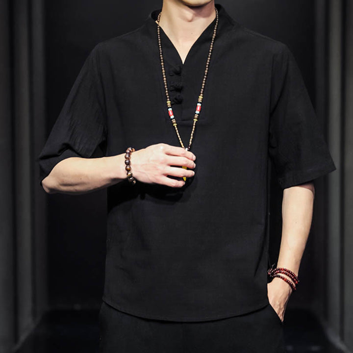 Chemise décontractée à manches mi-longues en coton et lin pour homme avec Buddha Stones