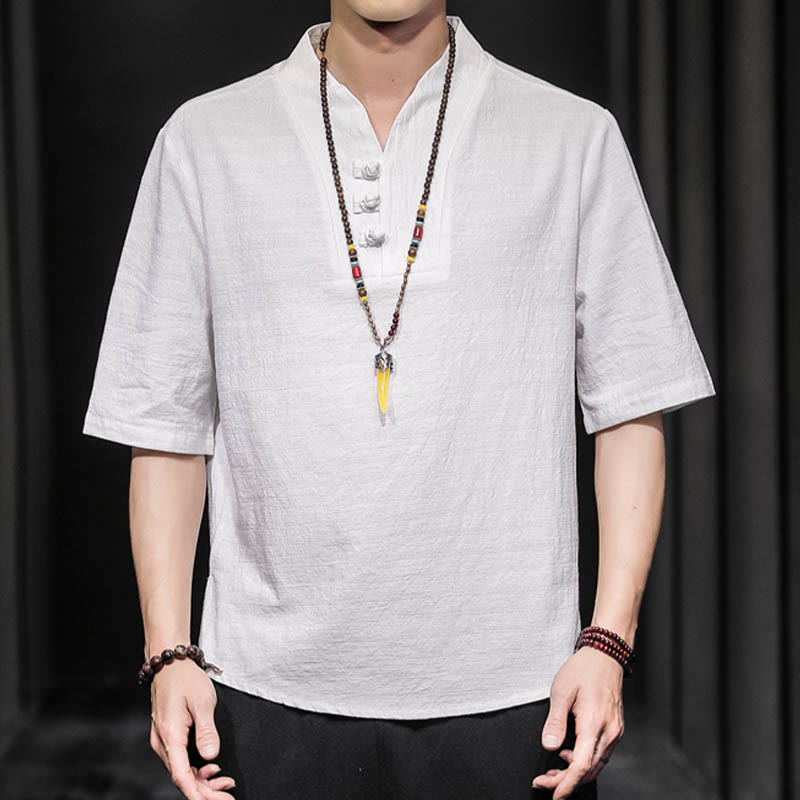 Chemise d'été décontractée à manches mi-longues en coton avec Buddha Stones pour homme - image 1