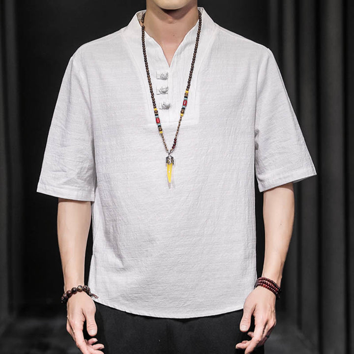 Chemise d'été décontractée à manches mi-longues en coton avec Buddha Stones pour homme - image 1