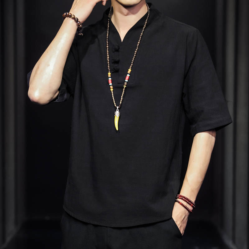 Chemise d'été décontractée à manches mi-longues en coton avec Buddha Stones pour homme - image 11