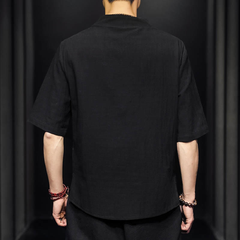 Chemise décontractée à manches mi-longues en coton et lin pour homme avec Buddha Stones