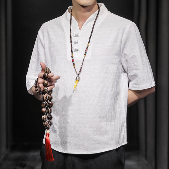 Chemise décontractée à manches mi-longues en coton et lin pour homme avec Buddha Stones