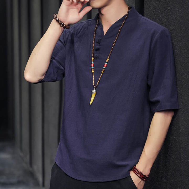 Chemise décontractée à manches mi-longues en coton et lin pour homme avec Buddha Stones