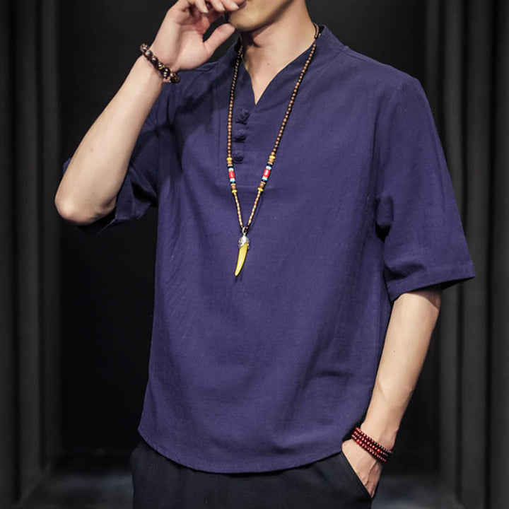 Chemise décontractée à manches mi-longues en coton et lin pour homme avec Buddha Stones
