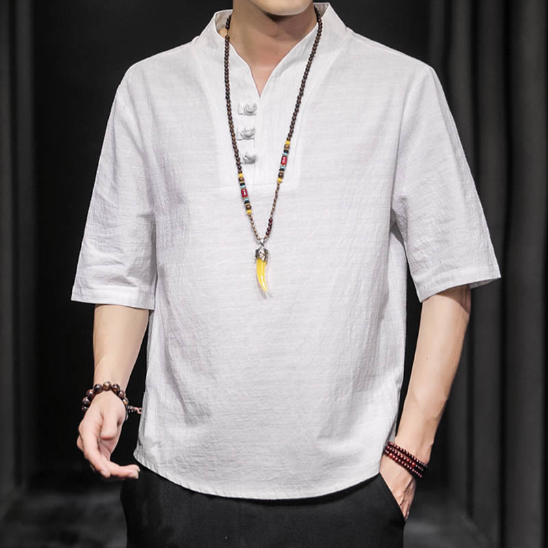 Chemise d'été décontractée à manches mi-longues en coton avec Buddha Stones pour homme - image 6