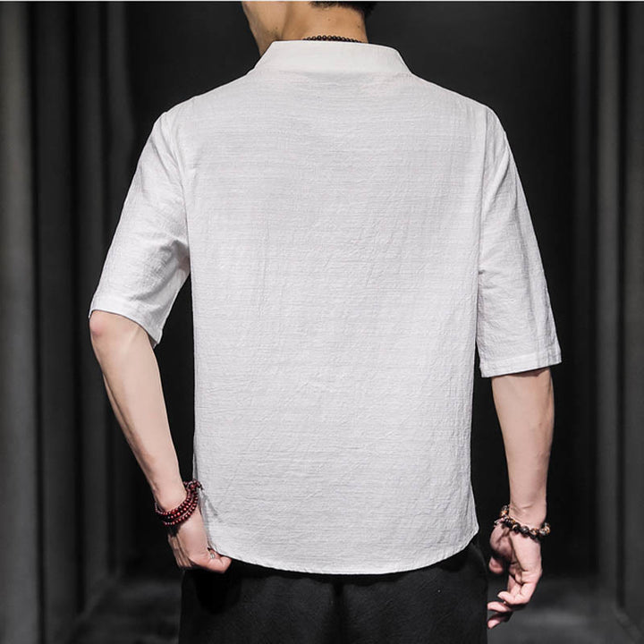 Chemise décontractée à manches mi-longues en coton et lin pour homme avec Buddha Stones
