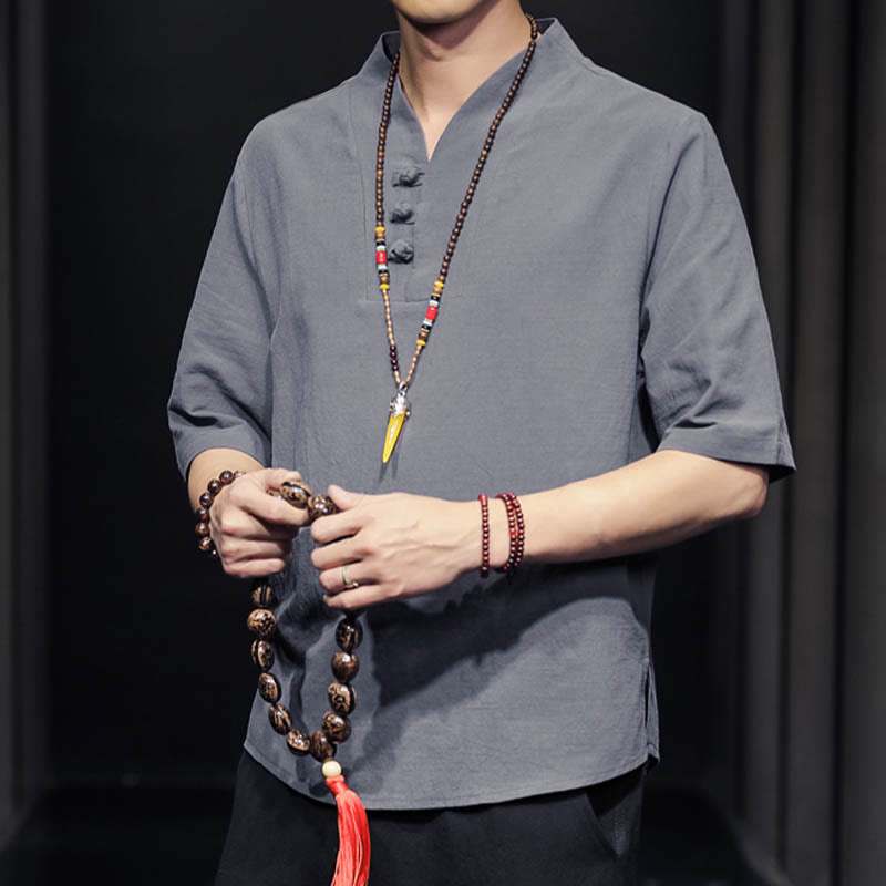 Chemise d'été décontractée à manches mi-longues en coton avec Buddha Stones pour homme - image 22