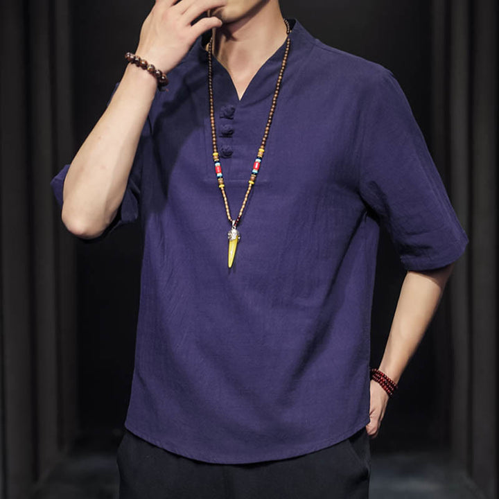 Chemise décontractée à manches mi-longues en coton et lin pour homme avec Buddha Stones