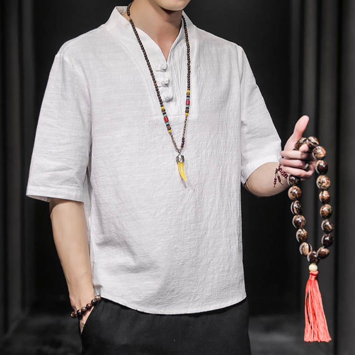 Chemise décontractée à manches mi-longues en coton et lin pour homme avec Buddha Stones