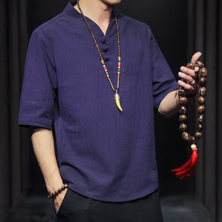 Chemise décontractée à manches mi-longues en coton et lin pour homme avec Buddha Stones