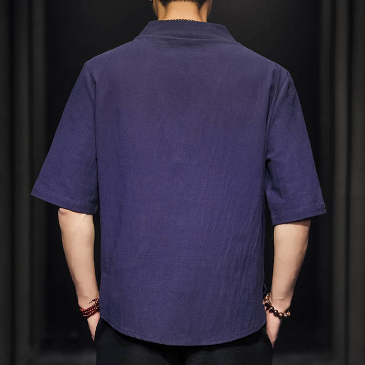 Chemise décontractée à manches mi-longues en coton et lin pour homme avec Buddha Stones