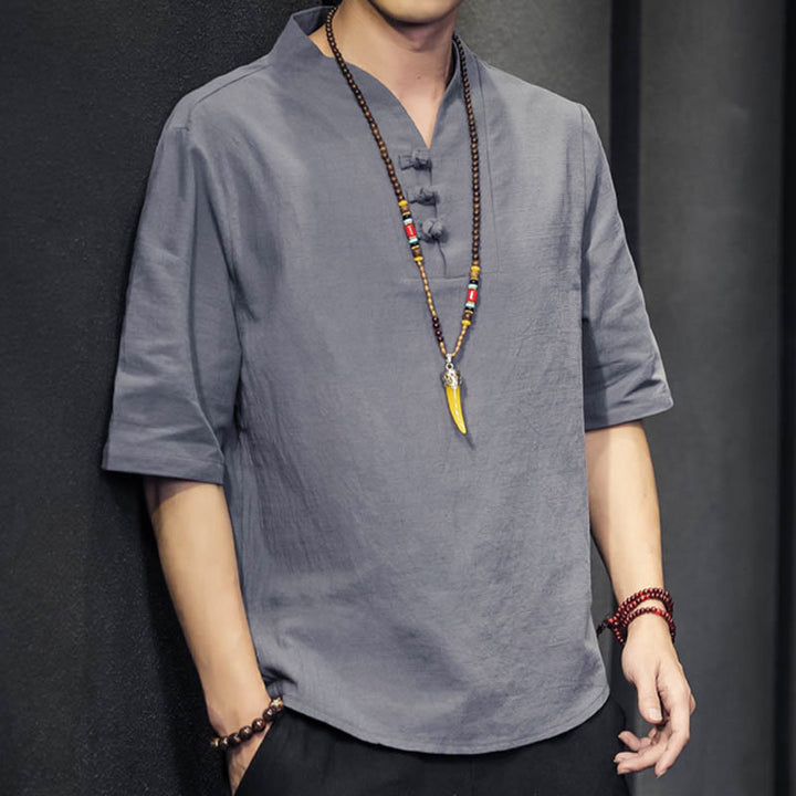 Chemise décontractée à manches mi-longues en coton et lin pour homme avec Buddha Stones