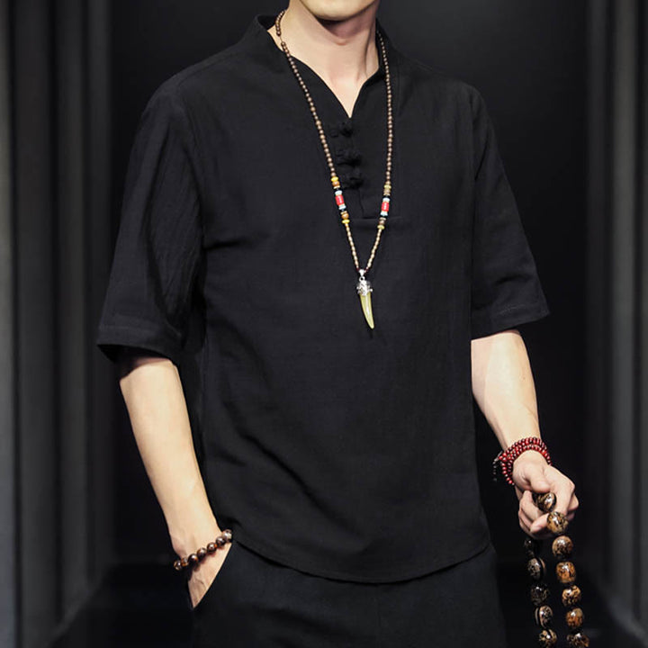 Chemise d'été décontractée à manches mi-longues en coton avec Buddha Stones pour homme - image 13