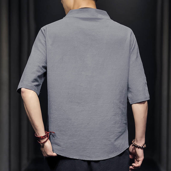 Chemise décontractée à manches mi-longues en coton et lin pour homme avec Buddha Stones