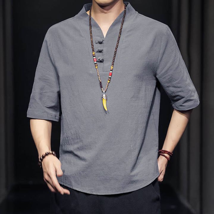 Chemise décontractée à manches mi-longues en coton et lin pour homme avec Buddha Stones