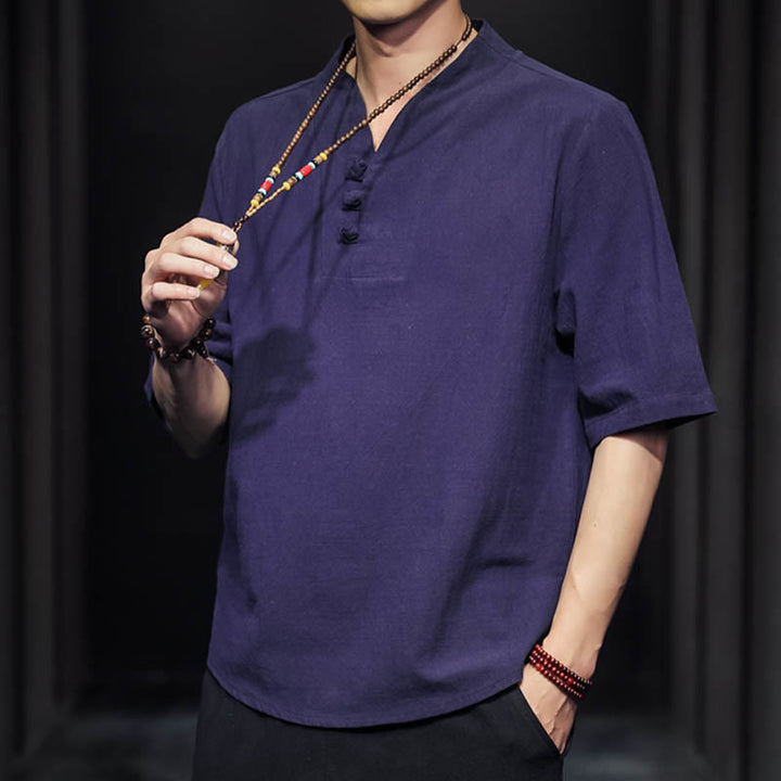 Chemise d'été décontractée à manches mi-longues en coton avec Buddha Stones pour homme - image 27