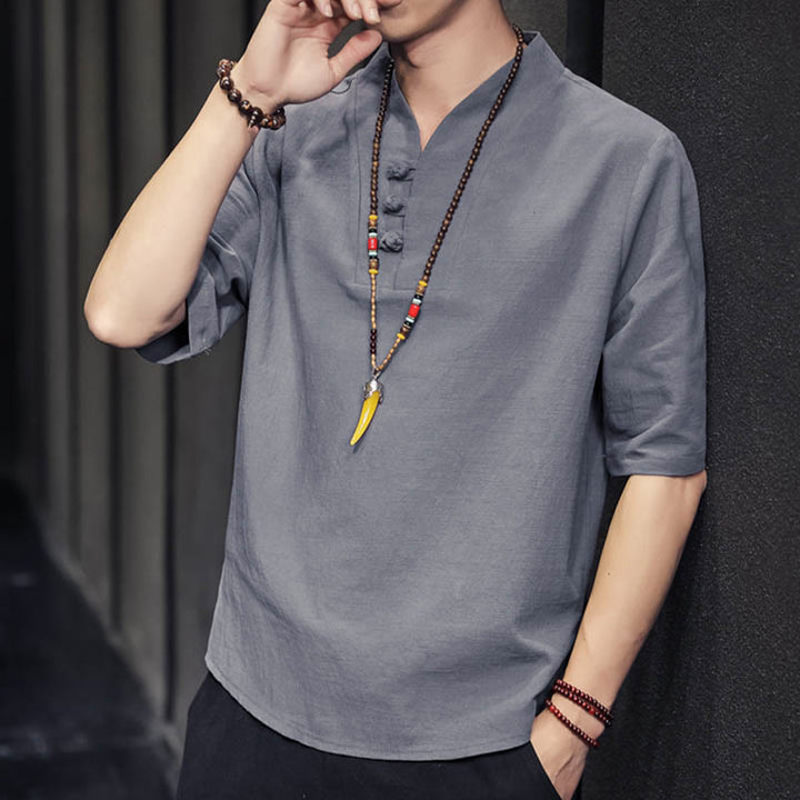 Chemise décontractée à manches mi-longues en coton et lin pour homme avec Buddha Stones