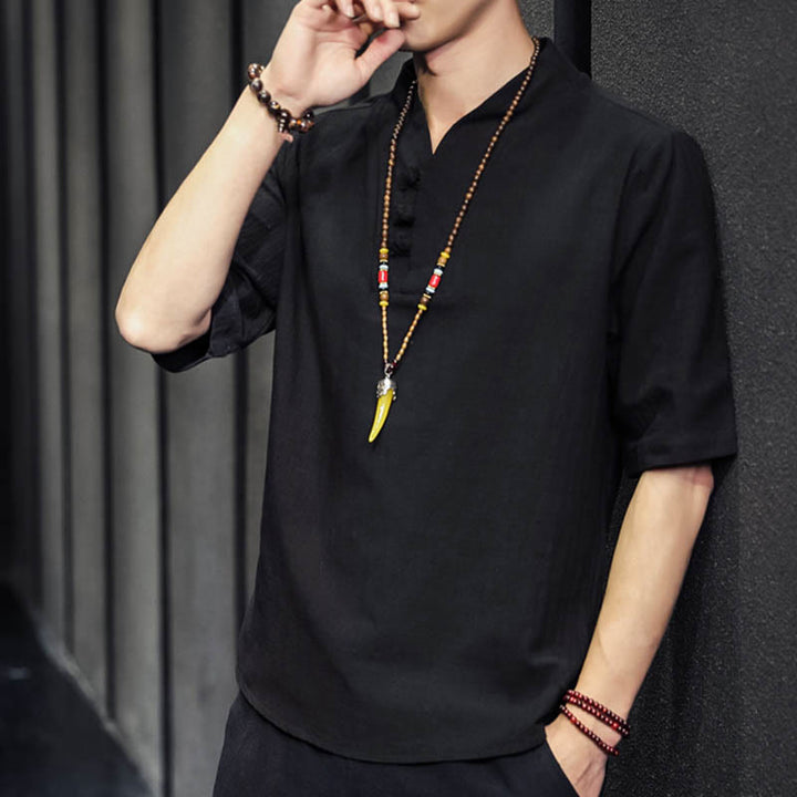 Chemise décontractée à manches mi-longues en coton et lin pour homme avec Buddha Stones
