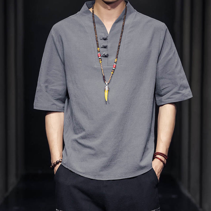 Chemise décontractée à manches mi-longues en coton et lin pour homme avec Buddha Stones