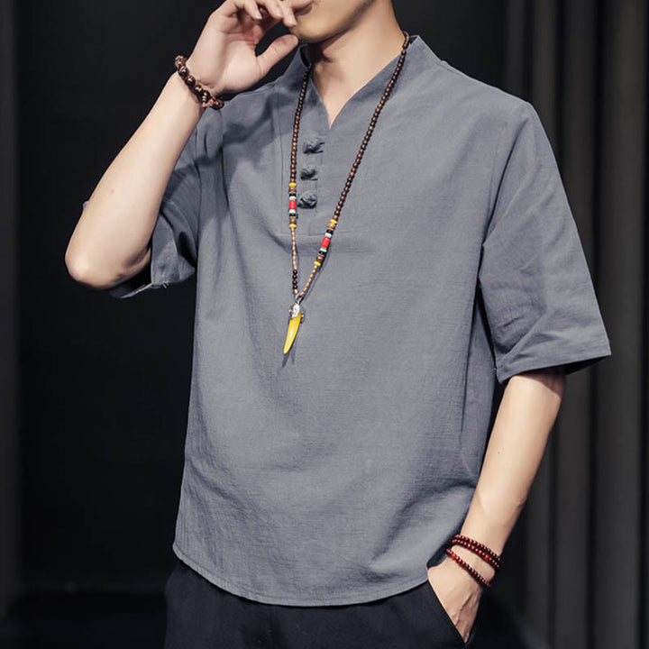 Chemise décontractée à manches mi-longues en coton et lin pour homme avec Buddha Stones
