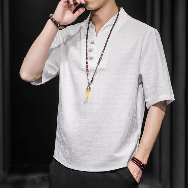 Chemise décontractée à manches mi-longues en coton et lin pour homme avec Buddha Stones