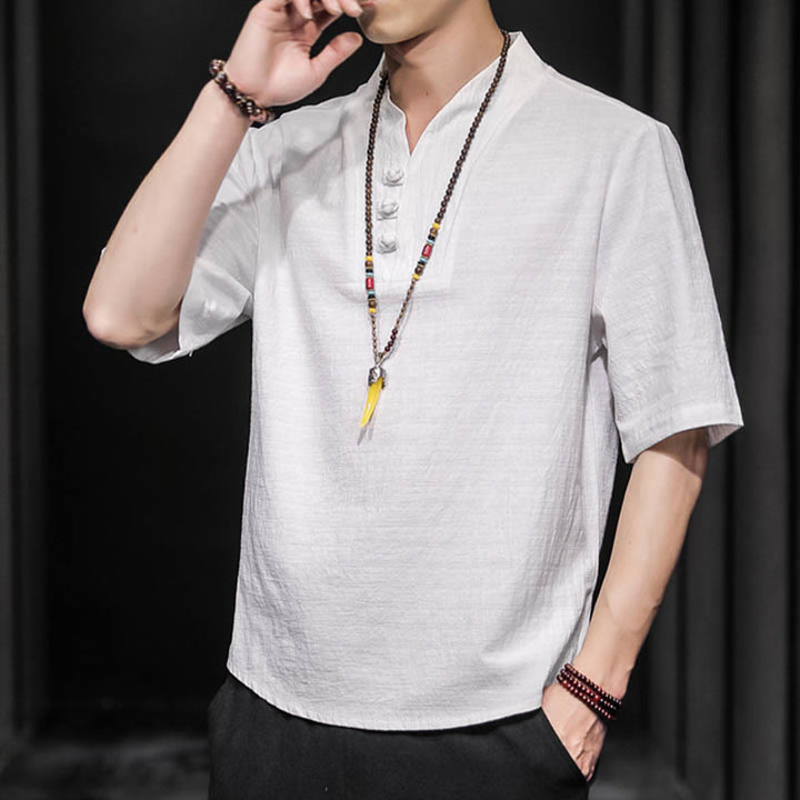 Chemise décontractée à manches mi-longues en coton et lin pour homme avec Buddha Stones