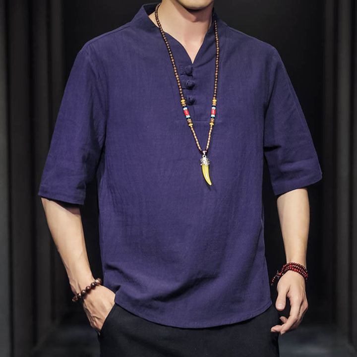 Chemise décontractée à manches mi-longues en coton et lin pour homme avec Buddha Stones
