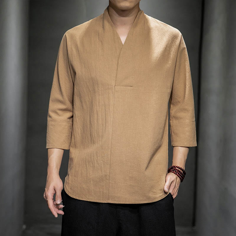 Chemise décontractée à manches trois-quarts et col en V avec Buddha Stones en coton et lin pour homme - BurlyWood - US/UK/AU46，EU56 (5XL) - image 1