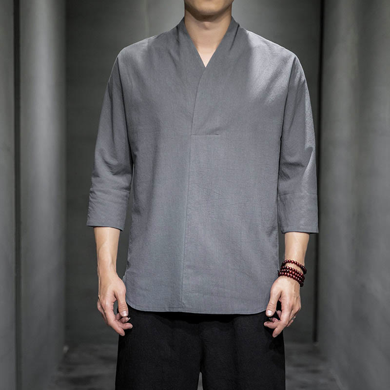 Chemise décontractée à manches trois-quarts et col en V avec Buddha Stones en coton et lin pour homme - Gris - US/UK/AU46，EU56 (5XL) - image 8