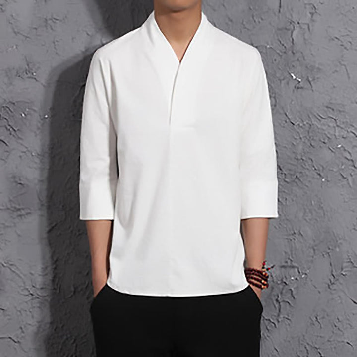 Chemise décontractée à manches trois-quarts et col en V avec Buddha Stones en coton et lin pour homme - Blanc - US/UK/AU46，EU56 (5XL) - image 2