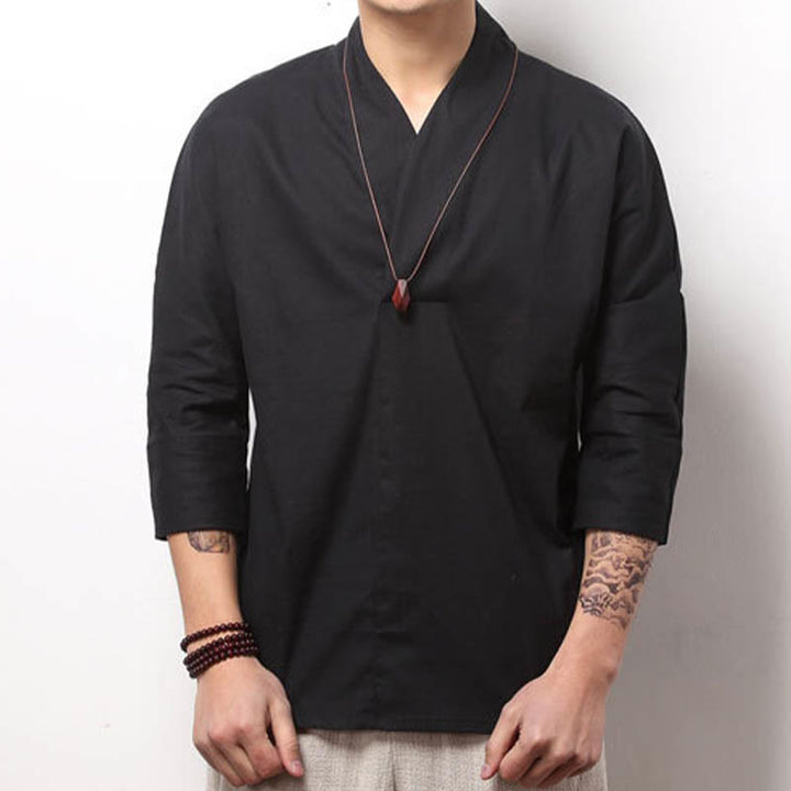 Chemise décontractée à manches trois-quarts et col en V avec Buddha Stones en coton et lin pour homme