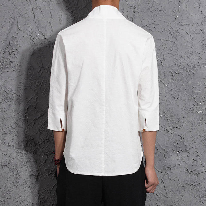 Chemise décontractée à manches trois-quarts et col en V avec Buddha Stones en coton et lin pour homme - image 4
