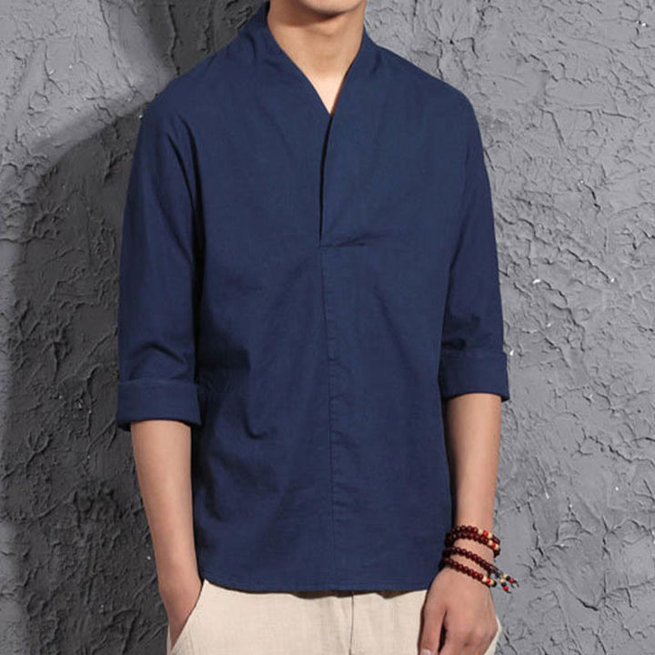 Chemise décontractée à manches trois-quarts et col en V avec Buddha Stones en coton et lin pour homme - image 13