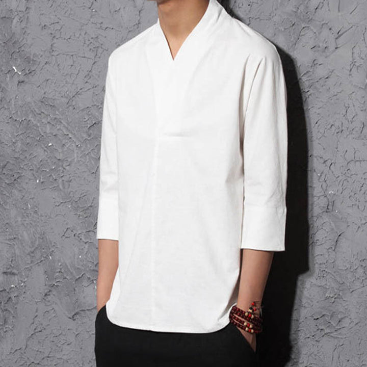 Chemise décontractée à manches trois-quarts et col en V avec Buddha Stones en coton et lin pour homme - image 3